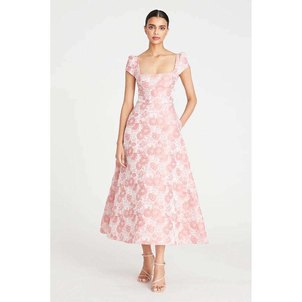 Theia Ciera Pink Floral Jacquard Cap Sleeve Dress Size 12 8817957